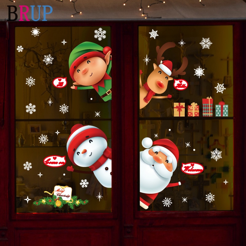 Cartoon Mooie Kerst Muurstickers Kerstman Window Decor Sneeuwpop Huis Decoratie Elanden Sneeuwvlok Behang Waterdicht