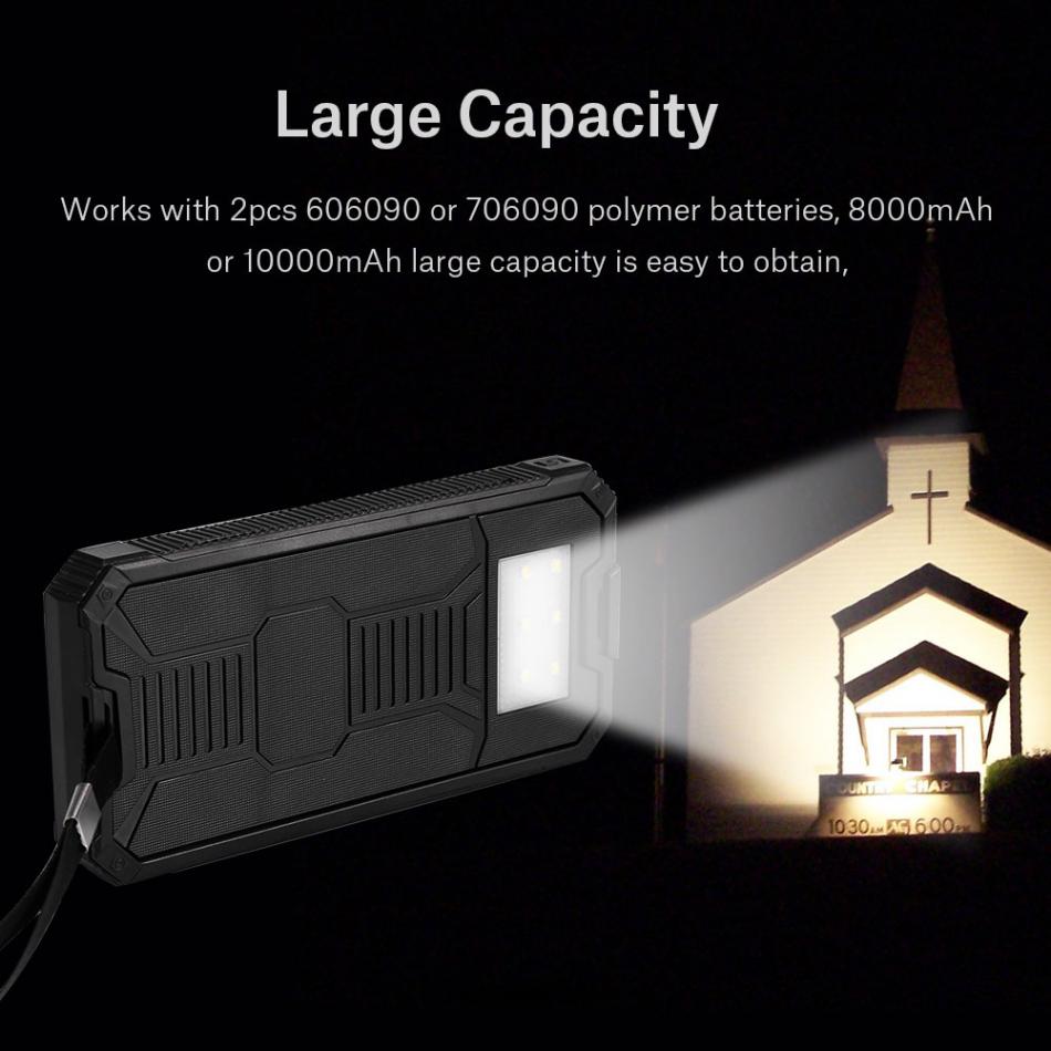 No solar battery 18650 Portable 20000mAh Dual USB Solar Mobile Power Bank Case DIY Kit work with 606090/ 909060/ 7565121 Polymer