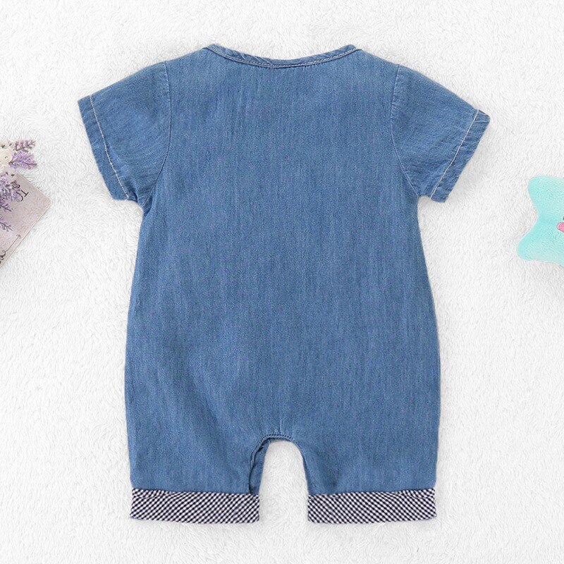 Spædbarn baby dreng denim bukser sød cowboy slips korte ærmer bukser med lomme børn drenge jumpsuit nyfødt tøj 34