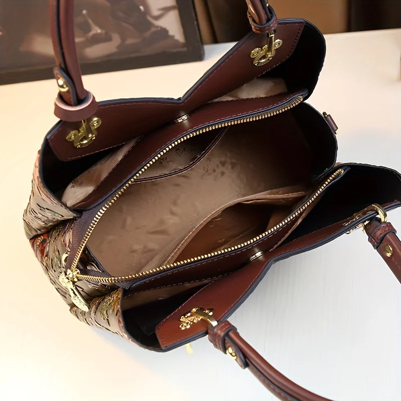 Vintage handtas met bloemenpatroon, luxe PU lederen draagtas, mode crossbody tas voor dames