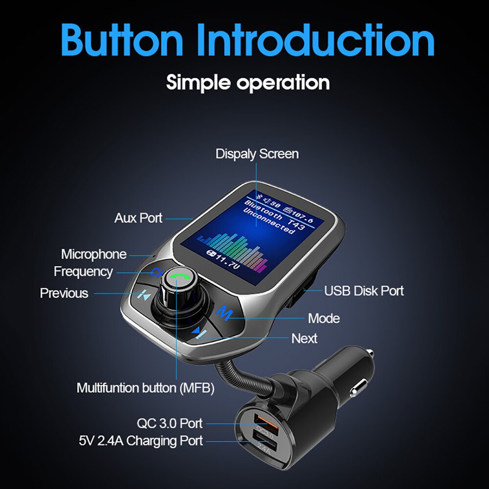 T43 Car Wireless Bluetooth MP3 Player Hands-Free FM Transmitter QC3.0 USB Fast Car Charger car accessries