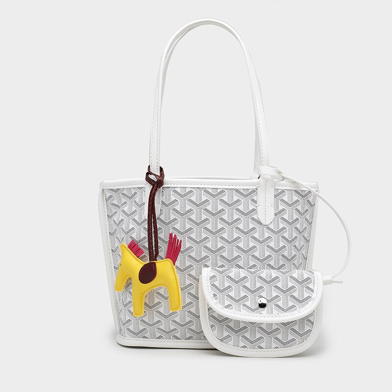 Style Korea Trendy Dog Tooth Tote Bag Size Picture-Mother Bag Waterproof PU Large-Capacity Shopping Bag: Small white