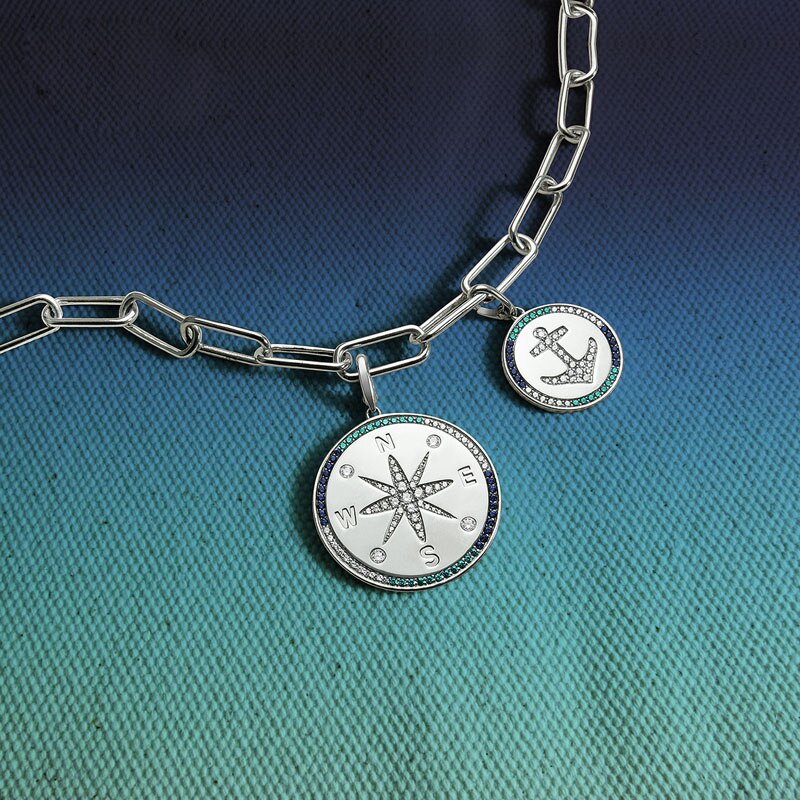 SLJELY Real 925 Sterling Silver Navy Blue & Lagoon Anchor Medal Clipping Charm Pendant Pave Zirconia Women Brand Jewelry