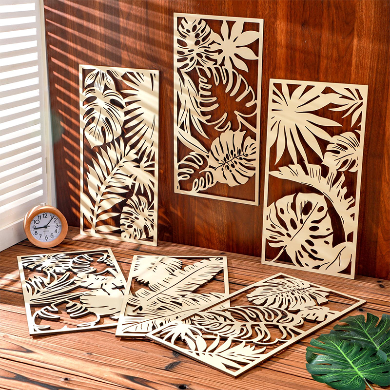 Decoración de pared artística hueca de madera 3D, planta de hoja de palma tallada en madera bohemia, adornos colgantes de pared, decoración Vintage para el hogar y la Oficina