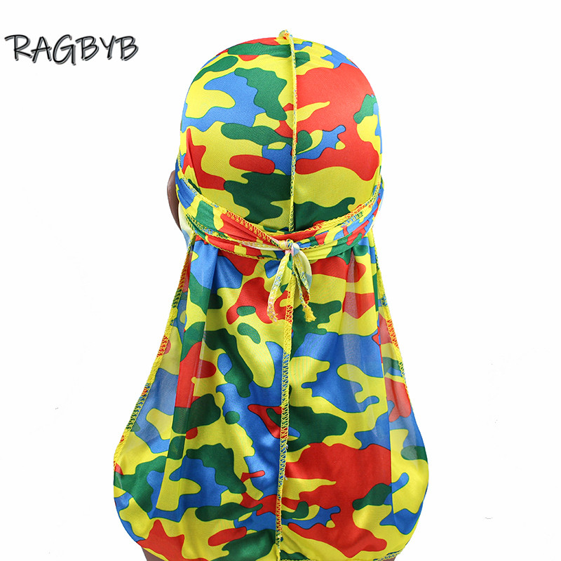 Nuevas pañuelos Durag de seda con estampado de camuflaje para hombres, Durags sedosos, gorro ondulado de cola larga, pañuelo para la cabeza, sombrero para mujer, diadema Durag: Multicolor