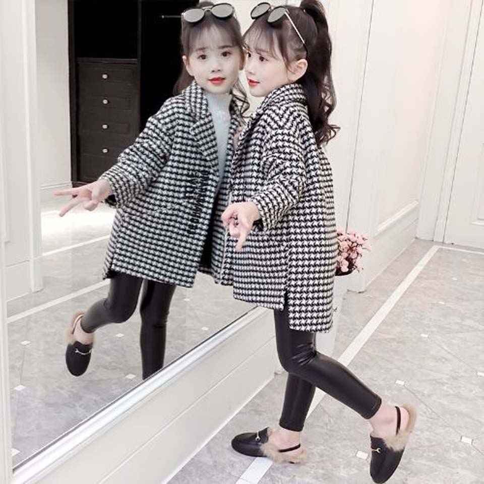 Veste coupe-vent en laine pour fille, manteau Long d'hiver, automne, vêtements chauds d'extérieur, Plaid, 020