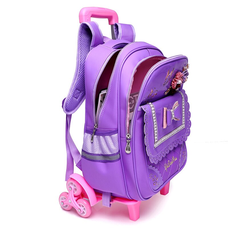 2 räder Wagen Rucksack Für freundlicher PU Wasserdicht bogen-knoten aufbringen Schule Tasche Abnehmbare Rucksack Für Mädchen