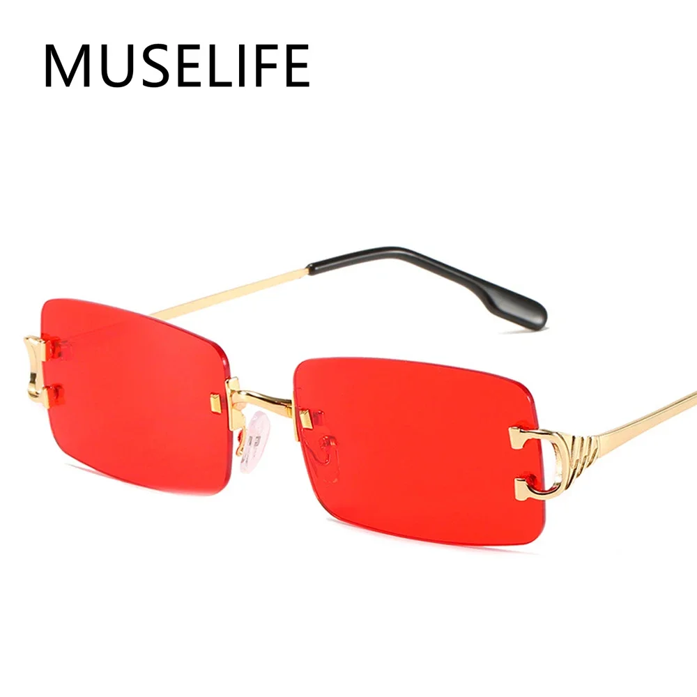 MUSELIFE gafas de sol estrechas para hombre sin montura verano 2025 rojo azul negro gafas de sol rectangulares para dama cara pequeña