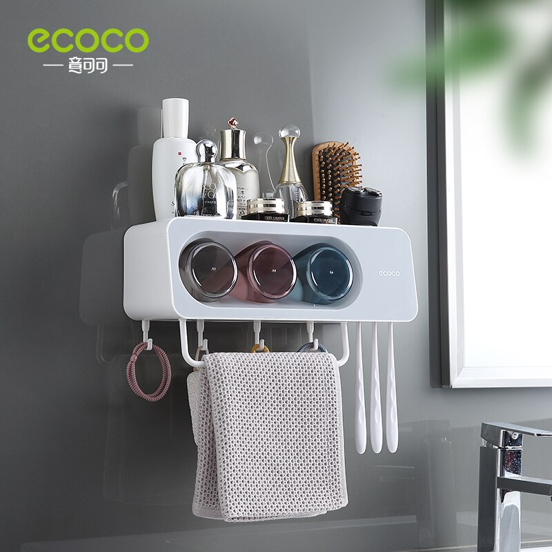 ECOCO Multifunctional Toothbrush Holder Towel Bar Free Punching Automatic Toothpaste Dispenser Squeezer Bathroom oom Accessories: 3 Cup Gray