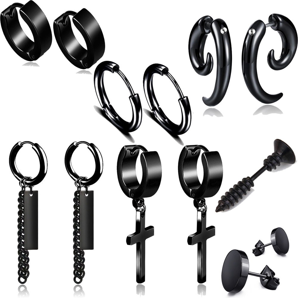 1 Set 8 Paar Verschillende Soorten Vorm Unisex Zwarte Kleur Rvs Piercing Earring Voor Vrouwen Mannen Punk Gothic Barbell oorbel