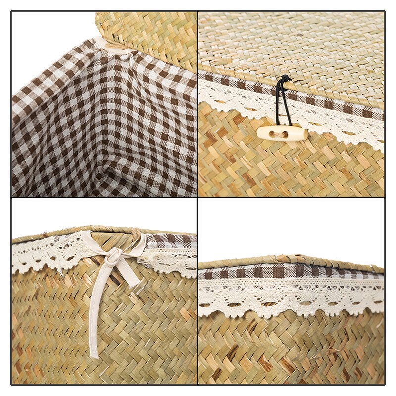 Woven Seagrass Storage Basket with Lid Rattan Wicker Box Rectangular Basket for Desktop Sundaries Sorting Jewelry Organizer