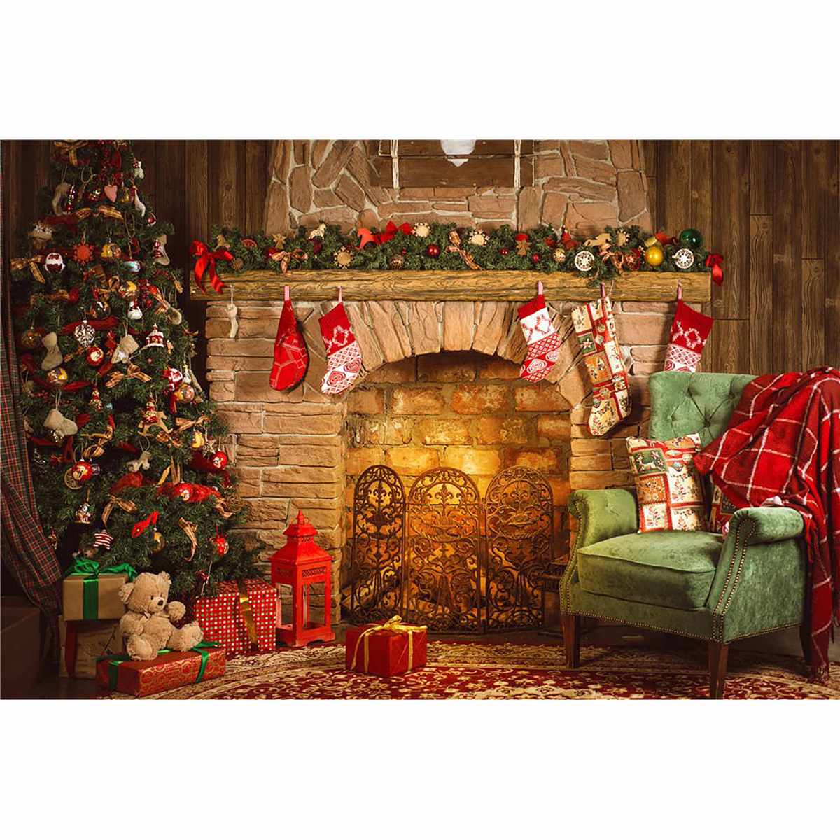 Christmas Theme Tree Sock Fireplace Party Photography Backdrop for Pictures Decorations Background Photo Studio Props: 2 / 250X180CM