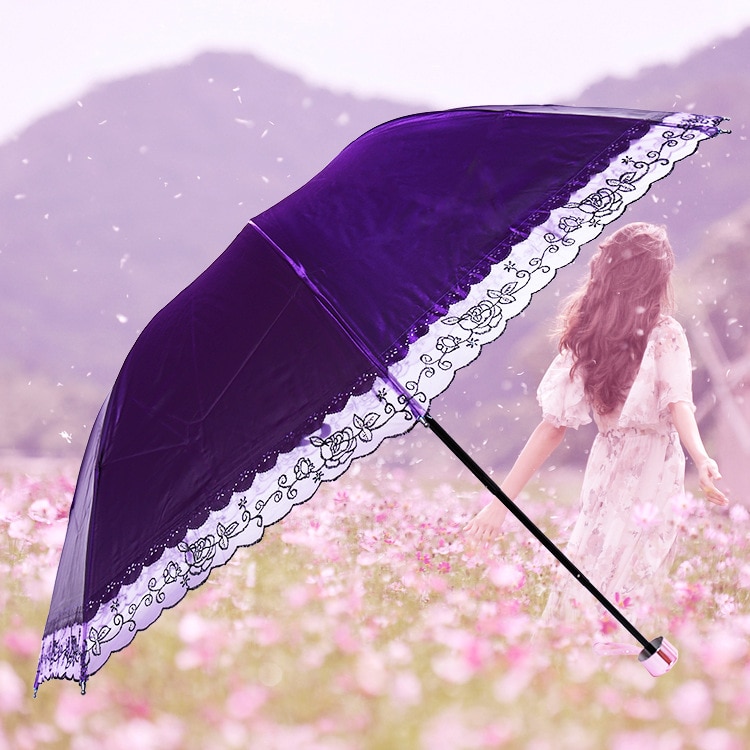 Kant Rand Kleuren Pongee Drie opvouwbare Paraplu Volwassen Vrouwen Parasol