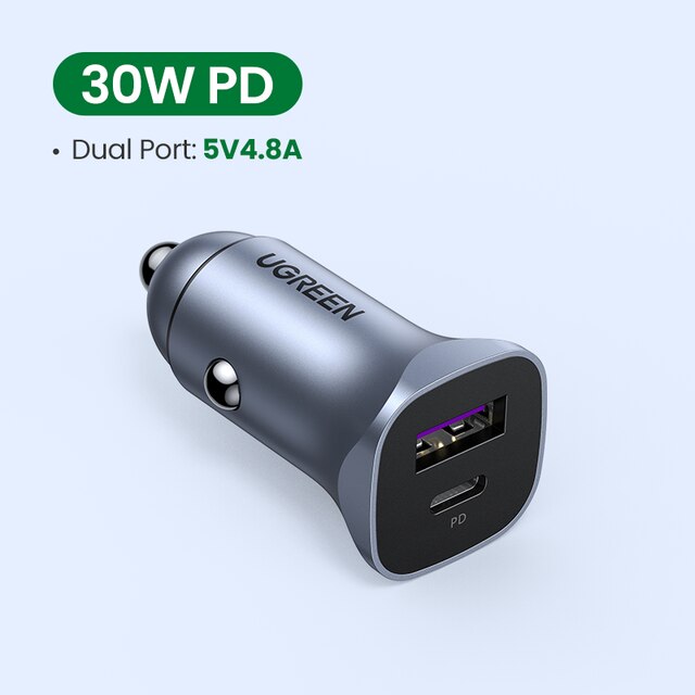 UGREEN 30W ładowarka samochodowa podwójny Port QC 4.0 3.0 szybkie ładowanie dla iPhone 13 12 Xiaomi Huawei Samsung Supercharge typ C ładowarka: PD30W Car Charger