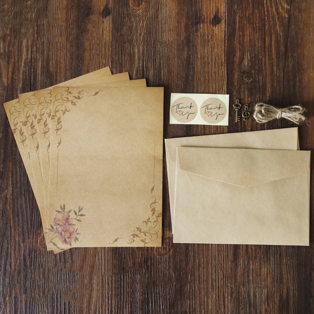 Retro Vintage Kraft Envelope Letter Pad Set Valentine's Day Love Letter Old Europe Invitation Envelopes Writing Paper with Rope: 07