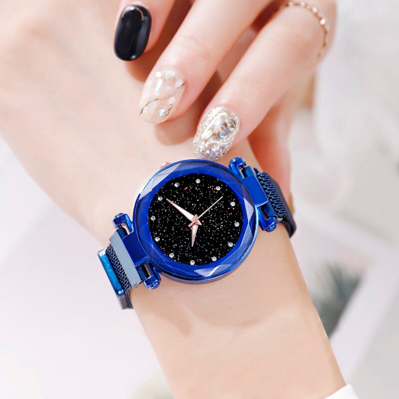 Luxe Diamant Vrouwen Horloges Voor Dames Magnetische Sterrenhemel Klok Vrouwelijke Quartz Polshorloge relogio feminino zegarek damski: Blue