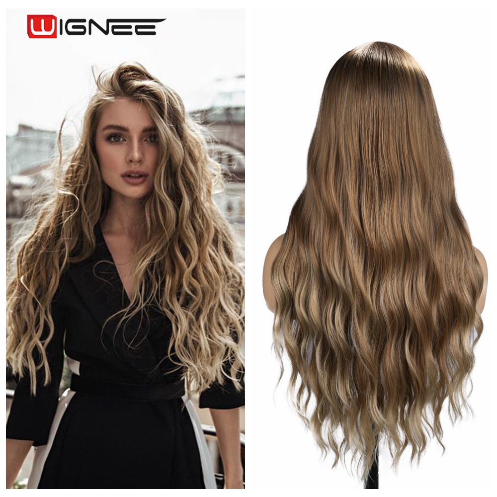 Wignee longo ondulado fibra azul perucas sintéticas parte média resistente ao calor para cabelo natural feminino diário/festa/cosplay party perucas: Brown