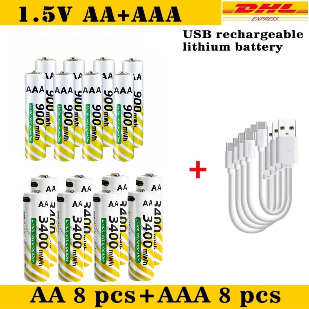 1.5V AA 3400mWh + AAA 900mWh Rechargeable Lithium Battery Set with USB-C Fast Charging Type C Cable air transport: Other