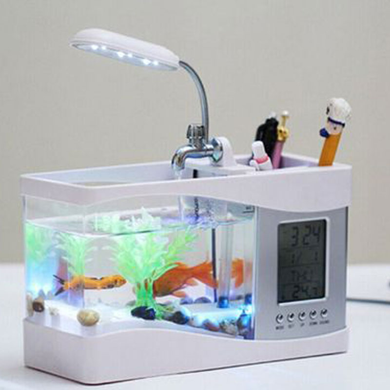 Usb Desktop Mini Aquarium Zwart/Witte Vis Tank Met Lcd-scherm Led Lamp Licht En Klok Aquarium aquarium