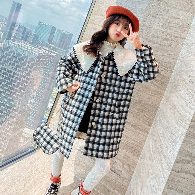 Abiti in misto lana scozzese stile x-long per ragazze colletto grande bambini caldi autunno inverno cappotti per bambini abbigliamento per ragazze adolescenti 4-14 anni