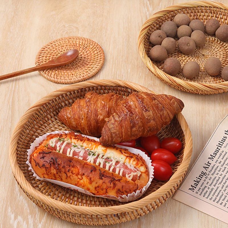Rattan Storage Tray Handwoven Round Wicker Basket Bread Food Plate Fruit Cake Platter Dinner Serving Box Kitchen Decoration Item