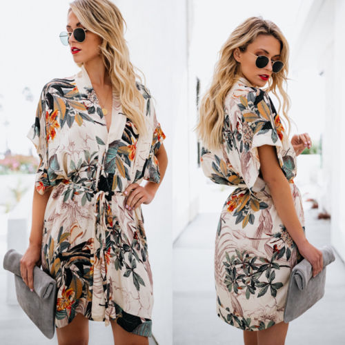 Zomer Gedrukte Bloem Strand Jurk Vrouwen Kaftan Bikini Cover Up Side Split Tuniek Cape Losse Jurk Vest Zonnejurk