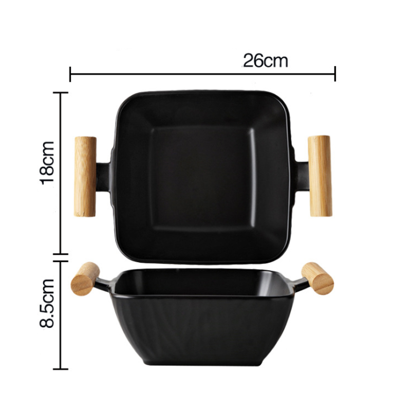 Plato de cerámica para ensaladas y frutas con asa de doble oreja recipiente grande para sopa cuadrado con tapa de madera herramienta de vajilla de gran capacidad para el hogar: Black