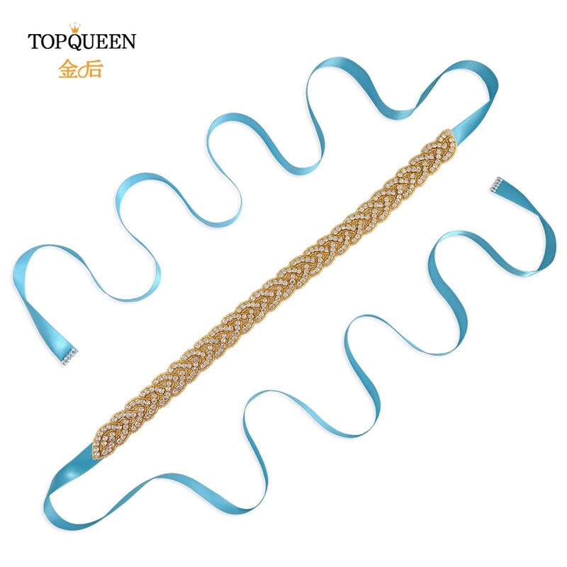 Topqueen  s216- g guld midjebälte fancy strass skärp guldpärlor brudbälte guld bälte för kvinnor bälten bröllop skärp bröllop: Blå