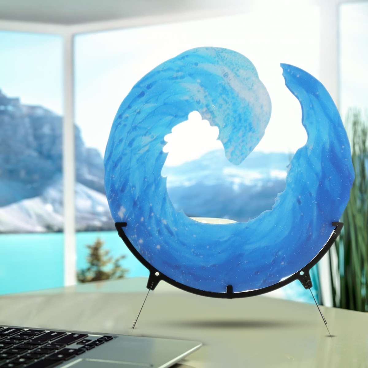 20X20CM Home Decoration Ocean Wave Fused Glass Sculpture Blue Wave Sculpture Ornament Birthday Desktop Decor With Bracket