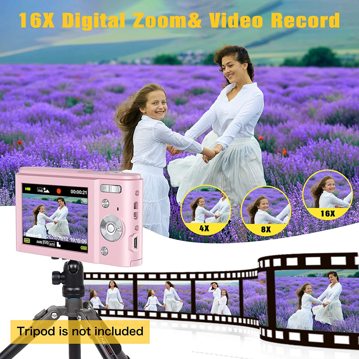Digital Camera 36.0MP Vlogging Camera 16X Digital Zoom LCD Screen Compact Portable Mini Cameras for Students, Teens,