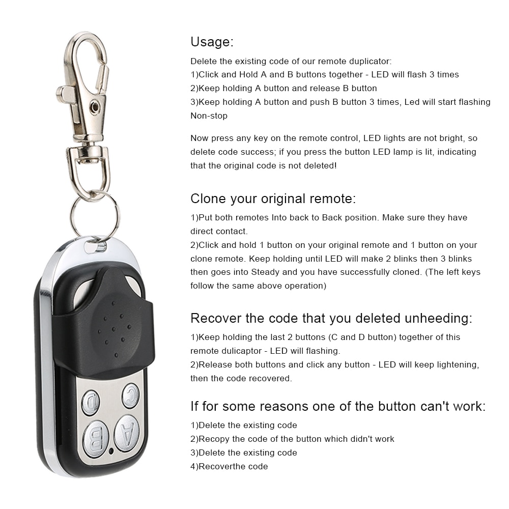 433MHz RF Remote Control Copy Code 4 Buttons Transmitter Auto Cloning Duplicator For Garage Gate Door Curtain 433 MHz Key Fob