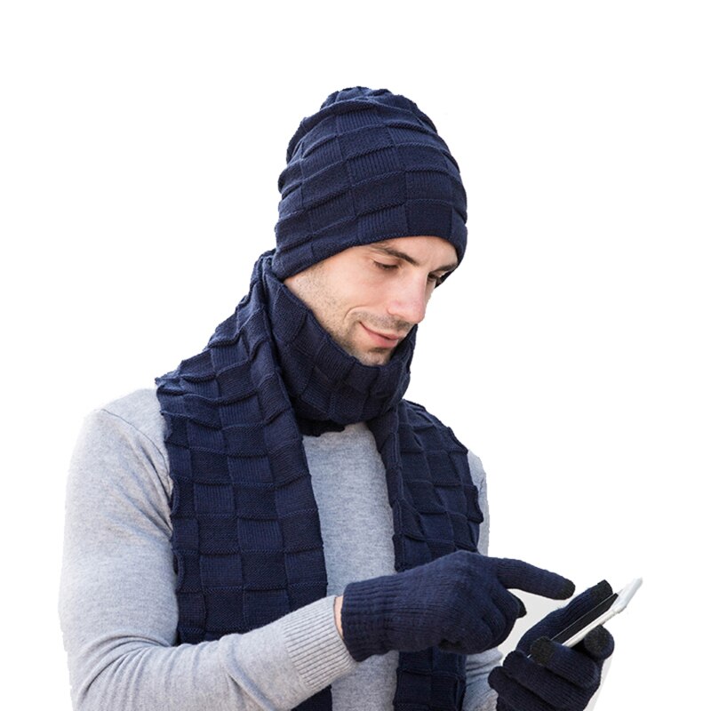Mannen Gebreide Lange Sjaal Muts Handschoenen 3 Stuks Set Man 2022 Winter Warm Pluche Bescherming Oor Cap Sjaals En Touchscreen handschoenen: navy
