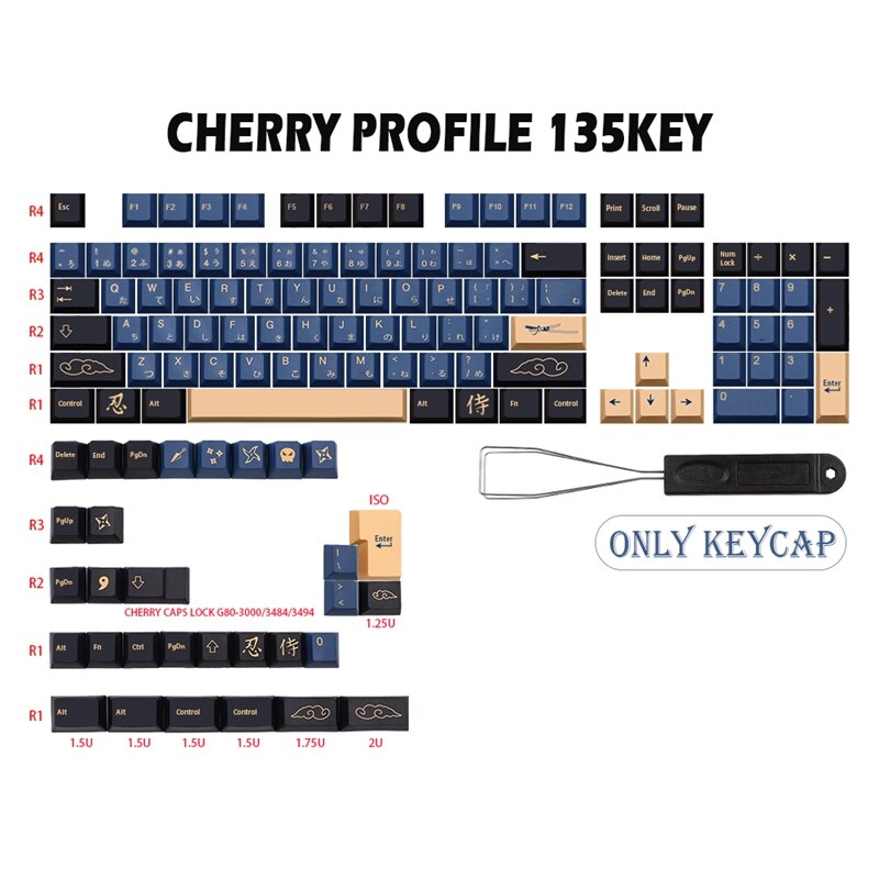 135 Keys/Set Blue Samurai Theme PBT Dye Subbed Keycap for Mx Cherry Switch Mechanical Keyboard Gmk Keycap