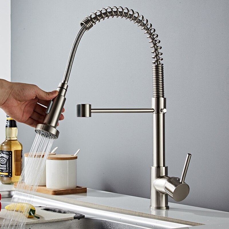 Single-Handle Sink Faucet Pull-Down Sprayer Spring Single Hole Home Kitchen Copper Faucet In Silver
