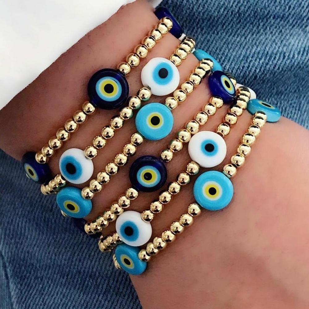 gehen2Boho Türkei böse Auge Armbinde Für Frauen Goldene Perlen Armbänder Männer Schmuck Elastische Armreifen Braclet