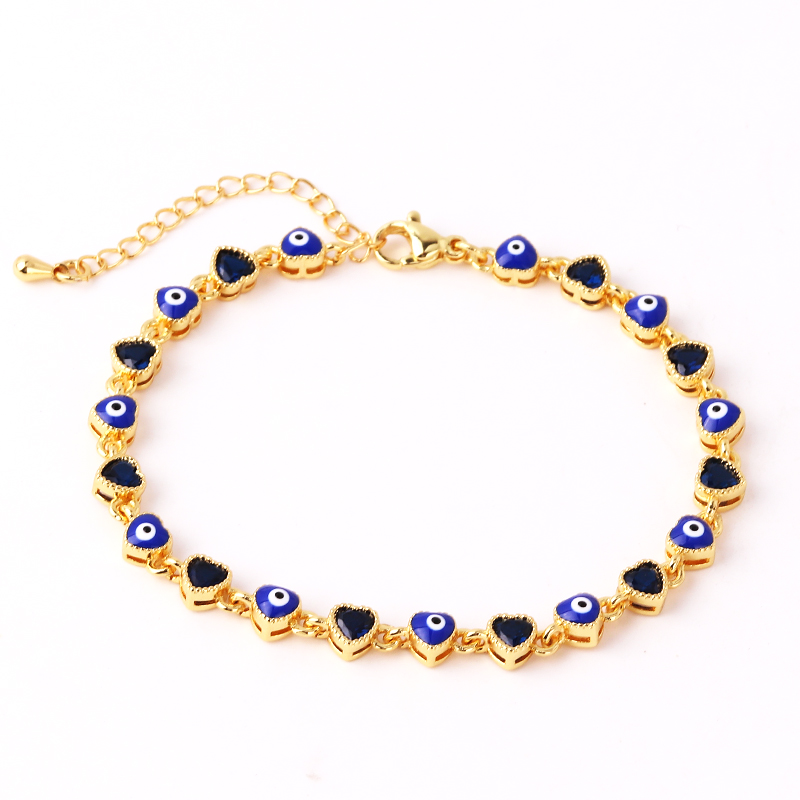 Pulsera con dije de mal de ojo turco y corazón chapado en oro de 18 quilates para mujer, pulsera ajustable con cadena de cobre de la suerte bohemia, joyería de verano: Oro oscuro