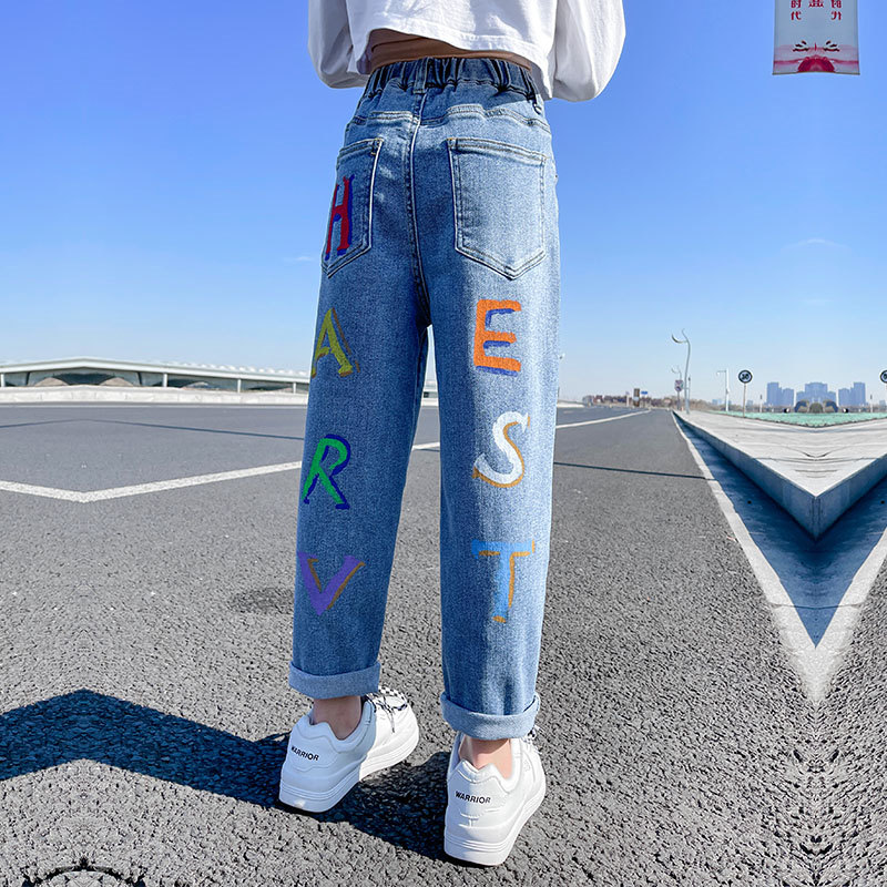 Pantalones vaqueros con estampado de letras para niña joven, pantalón de tubo informal a la , color azul, para escuela, 6, 8, 10, 12 y 14 años, para primavera y otoño