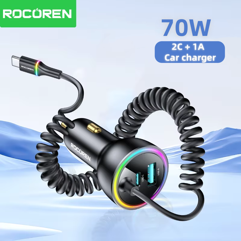 Rocoren 70w usb c carregador de carro com cabo de carregamento de mola tipo c adaptador de carregador rápido de carro para iphone 16 15 xiaomi
