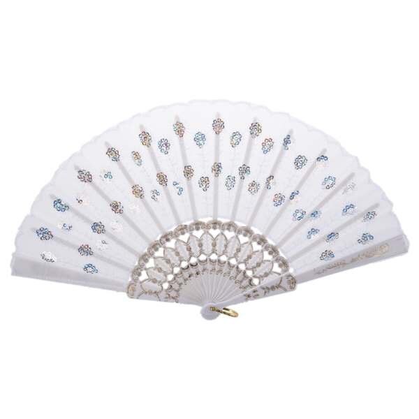 Sequin Bloem Detailings Wit Nylon Hand Folding Fan