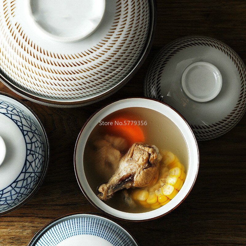 Cuenco de cerámica para sopa, tazón japonés de 4,5 pulgadas y 6,5 pulgadas con tapa, tazón de porcelana azul y blanca para arroz, tazón para sopa y estofado de