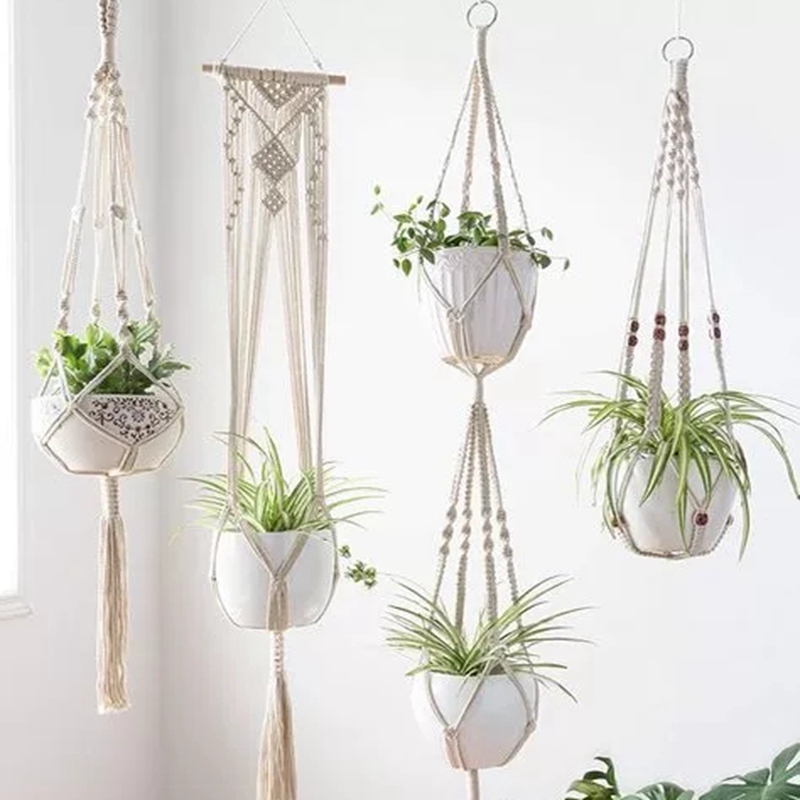 Tuinieren Groene Plant Hangende Mand Katoenen Touw Hanger Bloempot Handgemaakte Macrame Pot Zakmuur Boho Binnenplaats Home Decor