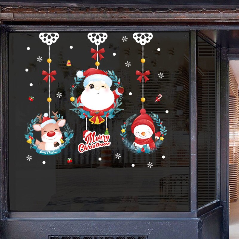 Christmas Door And Window Decorations Shop Window Glass Scene Layout Santa Claus Elk Snowman