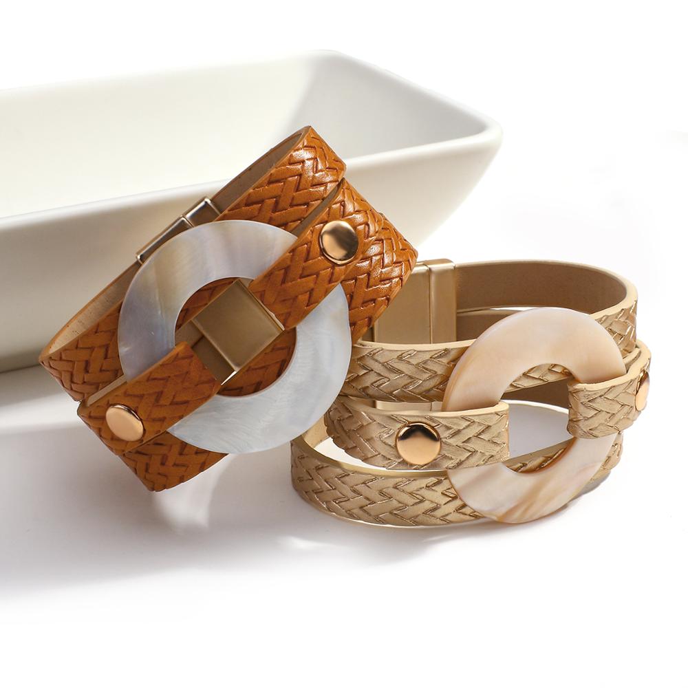 ALLYES classique coquille breloques Bracelet en cuir tressé pour femme multicouche Bracelets d'enveloppement décontracté és