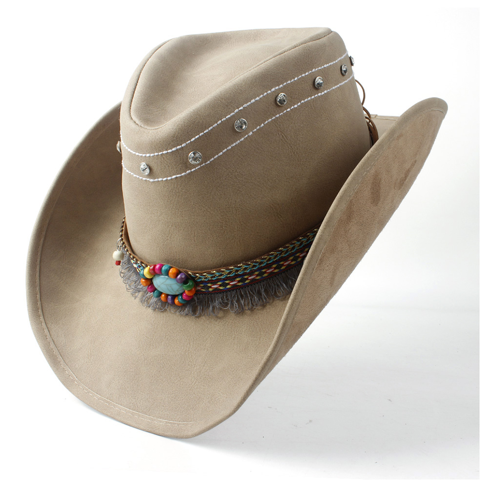 Kvinders s 100%  læder cowboy hat western cowgirl fedora hat kvast turkis perle læderbånd