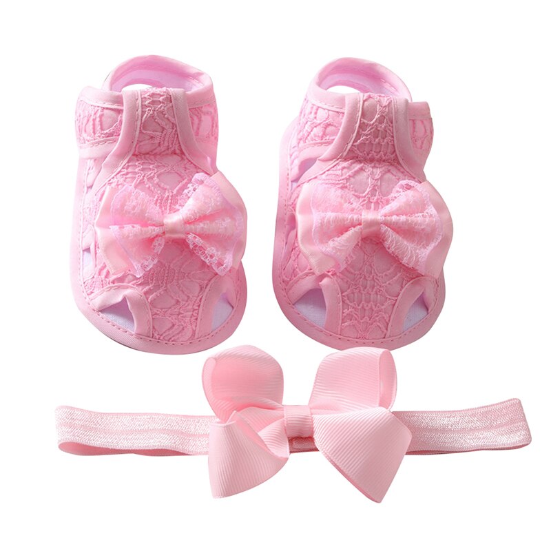 Zomer Baby Meisje Strik Hollow Sandalen Peuter Soft Sole Wandelschoenen Hoofdband Set: P / 0-6 months