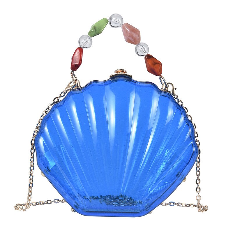 Bolso de mano de de plástico transparente con forma de concha para mujer, bandolera de boda, bolso de hombro con cadena: Azul