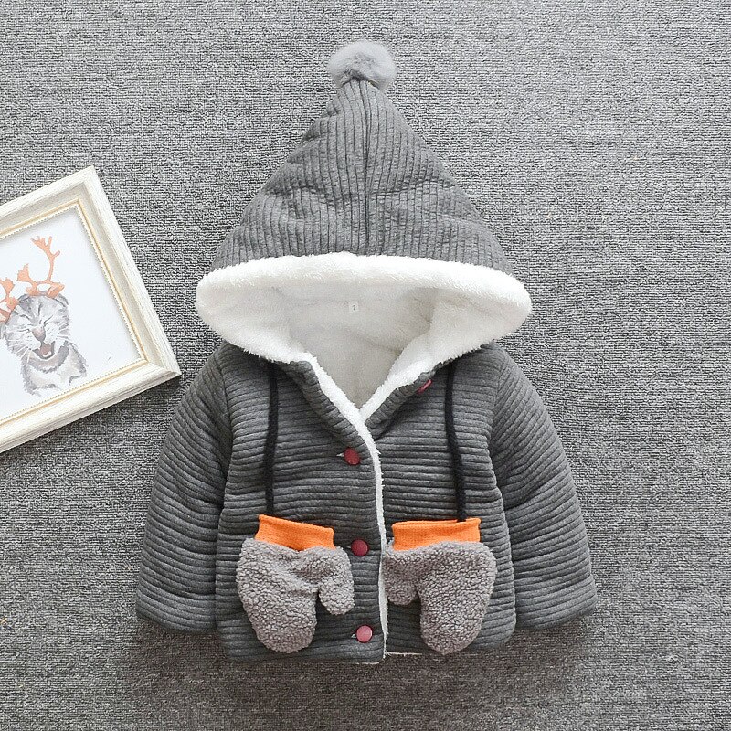 Baby Jongen Jas 0-5Y Herfst En Winter Plus Fluwelen Dikke Warme Jas Baby Meisje Effen Kleur Capuchon Gewatteerde Jas Met handschoenen: GRAY / 5T 120