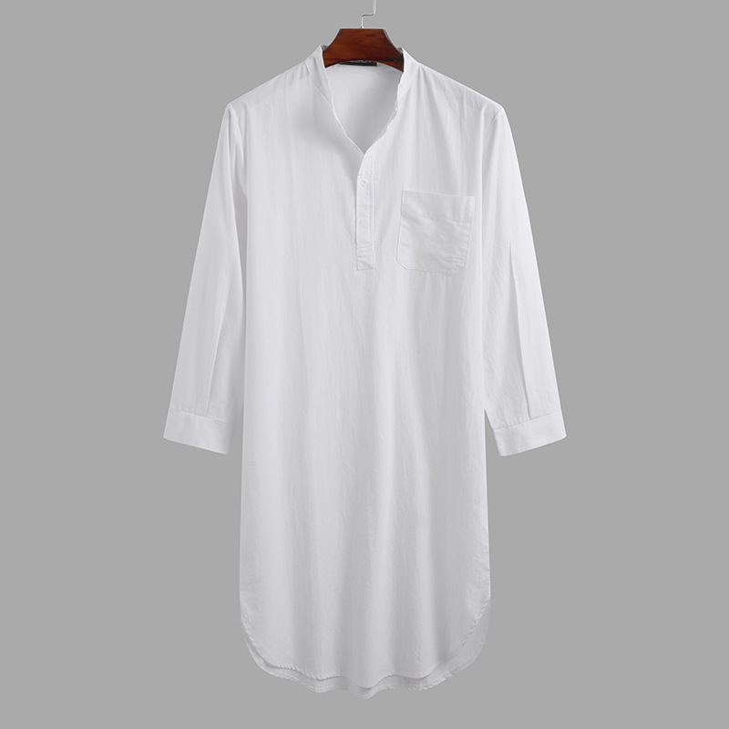 Abaya-Robe musulmane à manches longues pour homme, chemise de nuit en coton, longueur genou, tunique arabe, chemises noires, jubba, thobe blanc