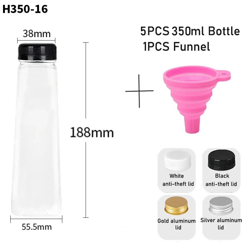 5 uds 60-500ML botellas de plástico transparentes vacías con tapas con embudo plegable contenedores de botellas de agua reutilizables para batidos de jugo DIY: Borgoña / 60 ml