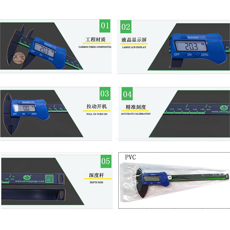AHEAD 150mm/6" LCD Digital Electronic Carbon Fiber Vernier Caliper Gauge Micrometer Measuring Tool Factory Store Direct selling